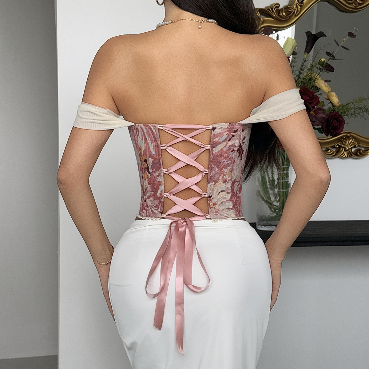 Vintage Corset Top - Womens Floral Off-Shoulder Corset With Lace Trim Design